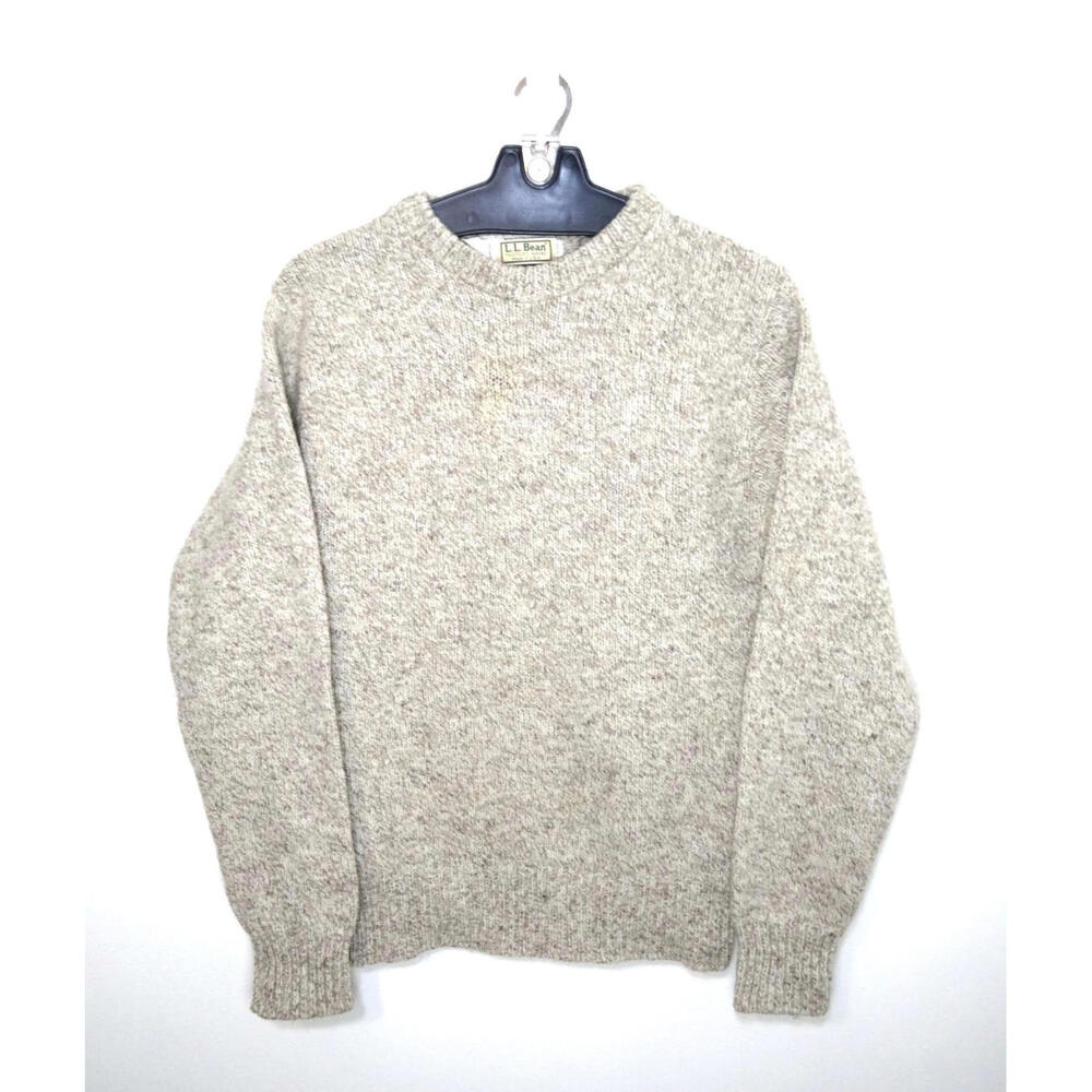 Vintage 80s LL Bean Wool Sweater Men’s Medium Crewneck Knit Beige USA Pullover